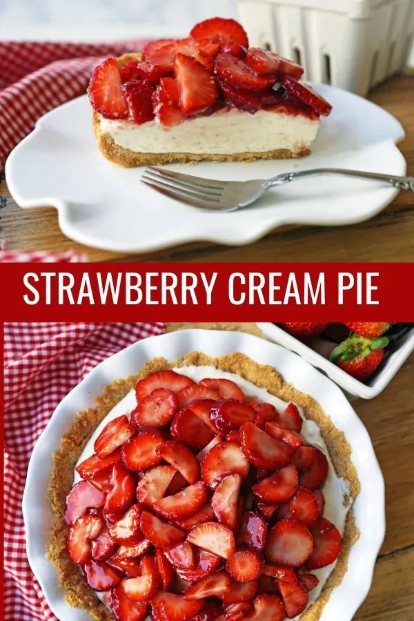 Strawberry Cream Cheese Pie. An easy sweet cream cheese pie with a buttery NILLA Wafer cookie crust and topped with glazed strawberries. The best strawberry pie! #strawberrypie #strawberries #pie #easter #easterdessert #creamcheesepie