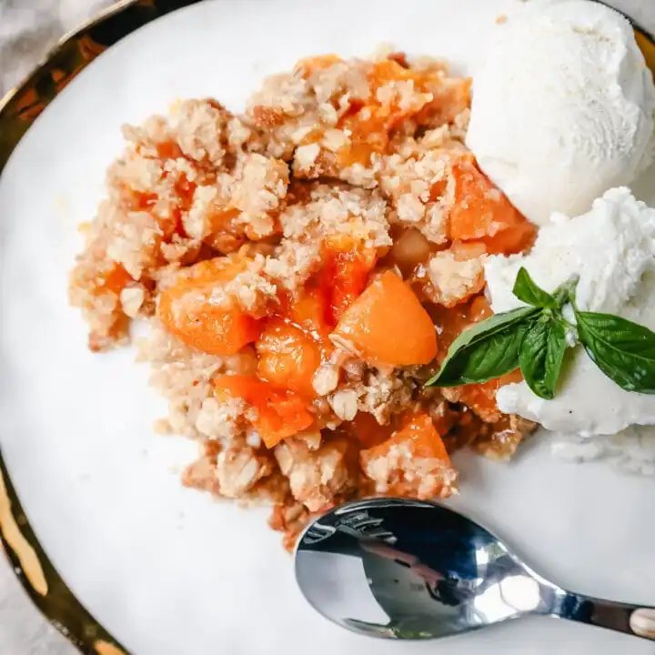 This Apricot Crisp is made with fresh apricots tossed in sugar and almond extract and topped with a homemade brown sugar oat crumble. This rustic summer dessert is served with a big scoop of vanilla bean ice cream.