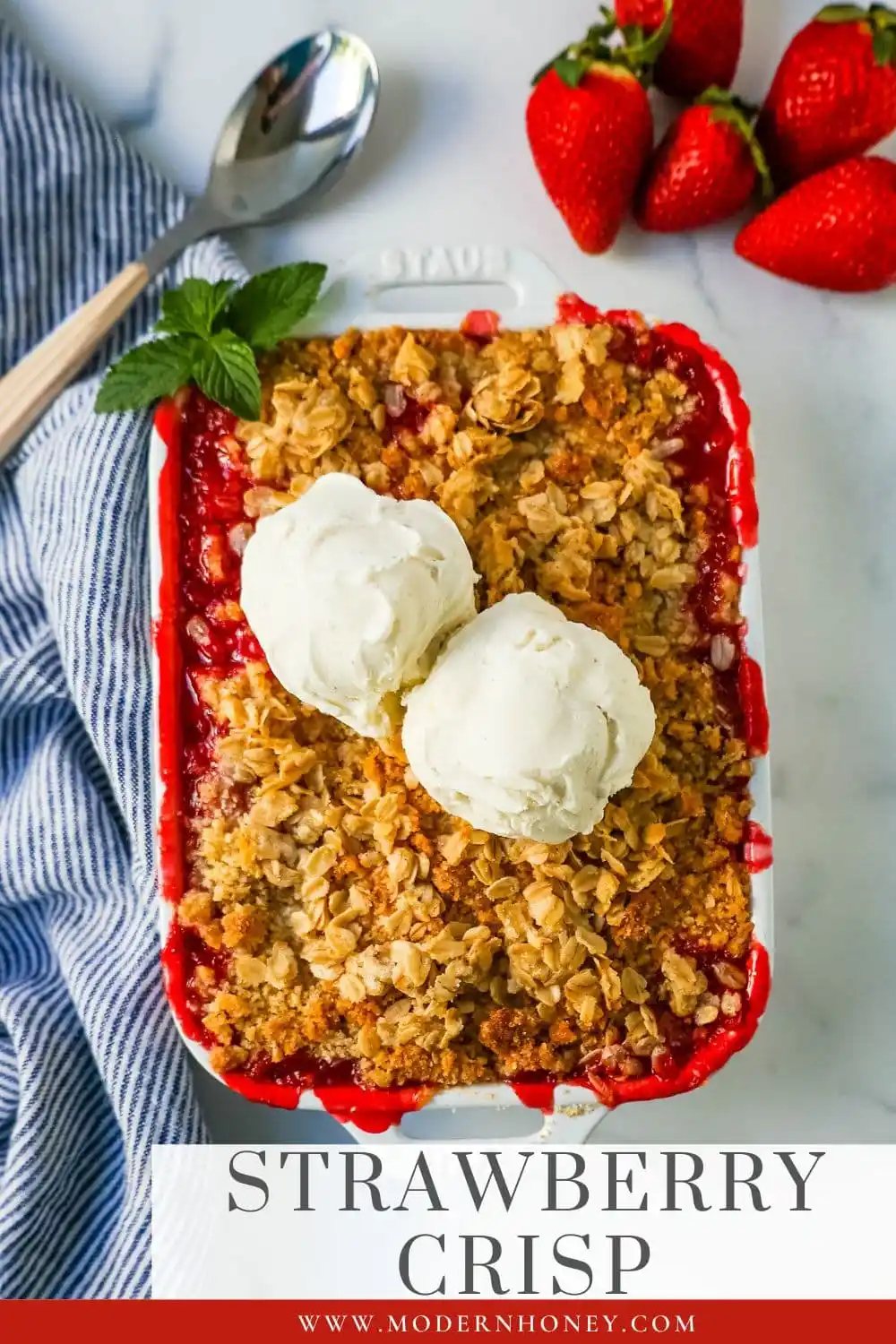 This Strawberry Crisp is made with fresh sweetened strawberries topped with a homemade buttery oat crumble topping. A Homemade Strawberry Crumble is an easy summer dessert.