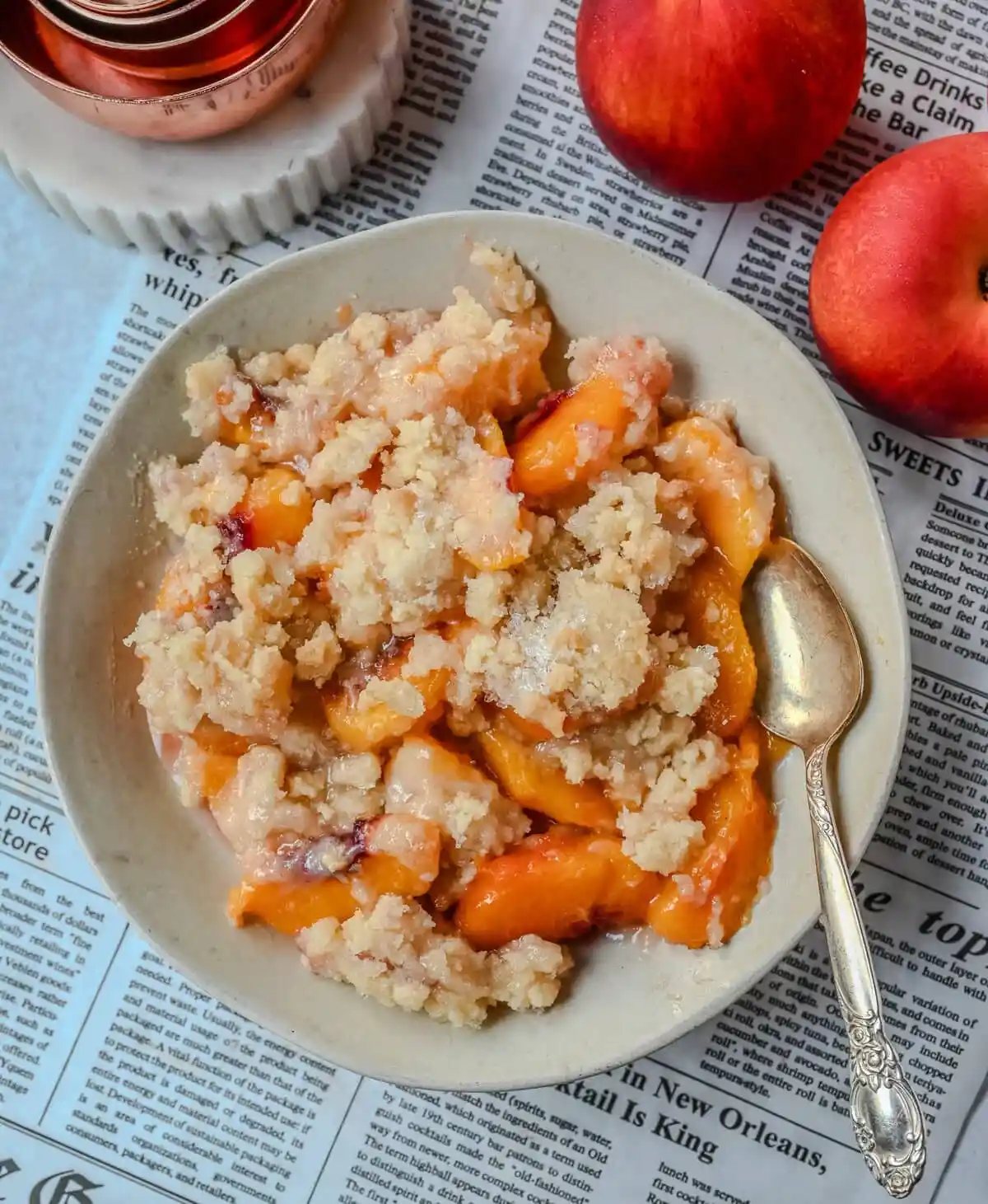 Peach cobbler with sugar cookie topping.