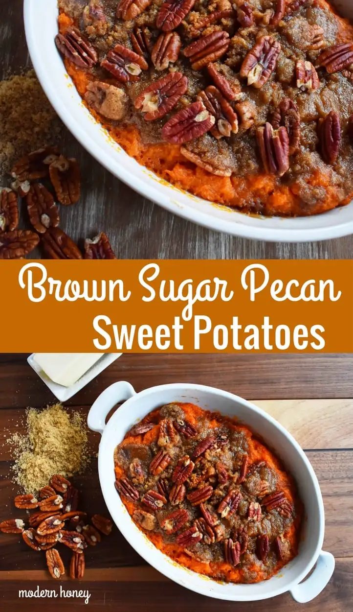 Brown Sugar Pecan Sweet Potato Bake. Whipped and creamy sweet potatoes with butter, cinnamon, and cream topped with brown sugar and pecans. A popular Thanksgiving staple side dish. www.modernhoney.com