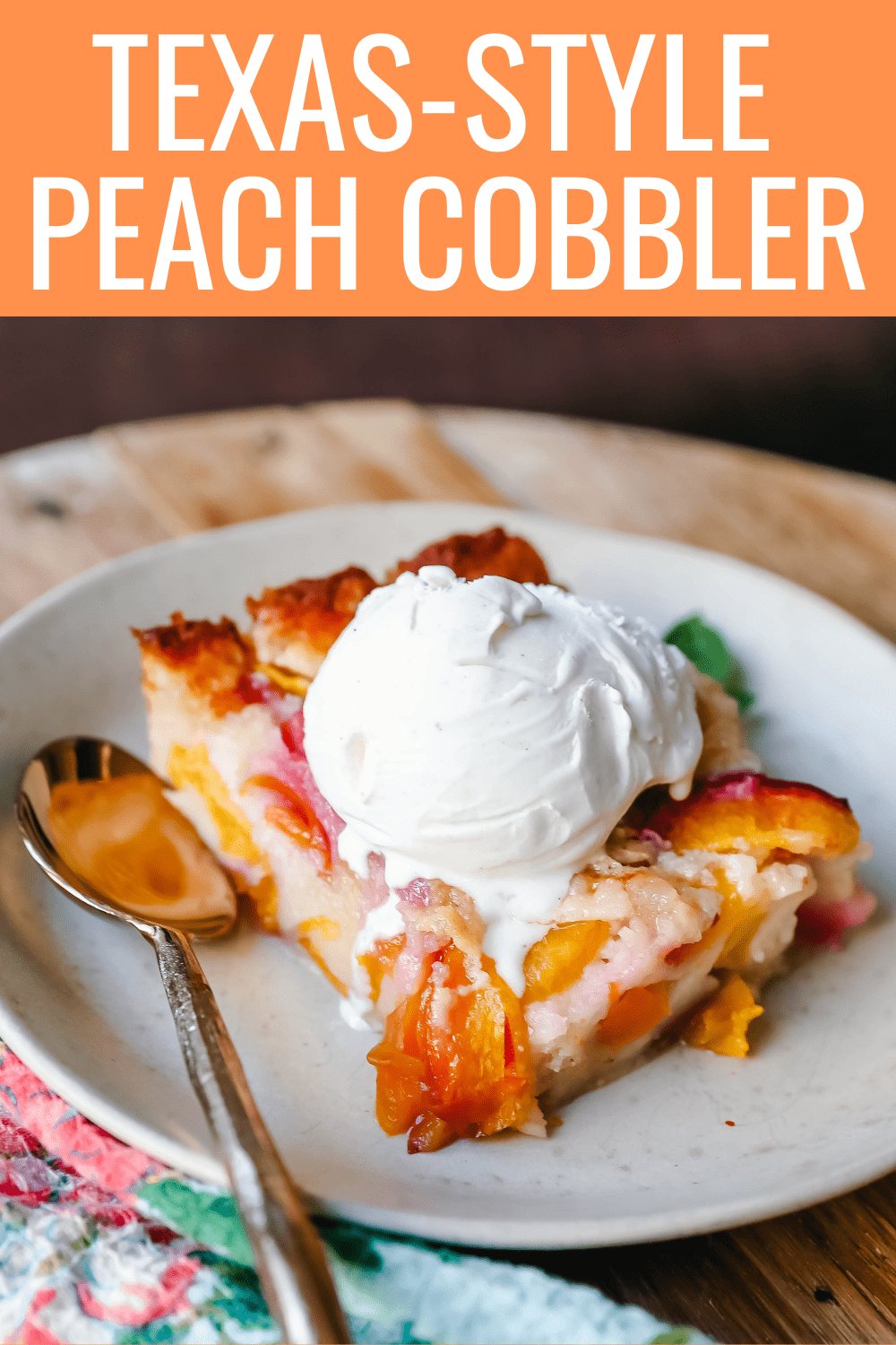 Texas Style Peach Cobbler. Fresh peaches sweetened with sugar and topped with a creamy buttery cake-like topping. A Texas favorite dessert! #peaches #peachdessert #peachcobbler