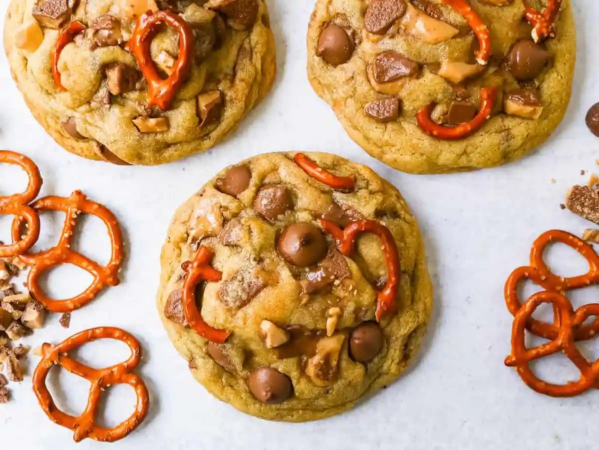 These toffee, chocolate chip, and pretzel cookies are the perfect salty and sweet bakery cookie! Made with buttery chocolate toffee chunks, crunchy salty pretzels, and sweet milk chocolate chips.
