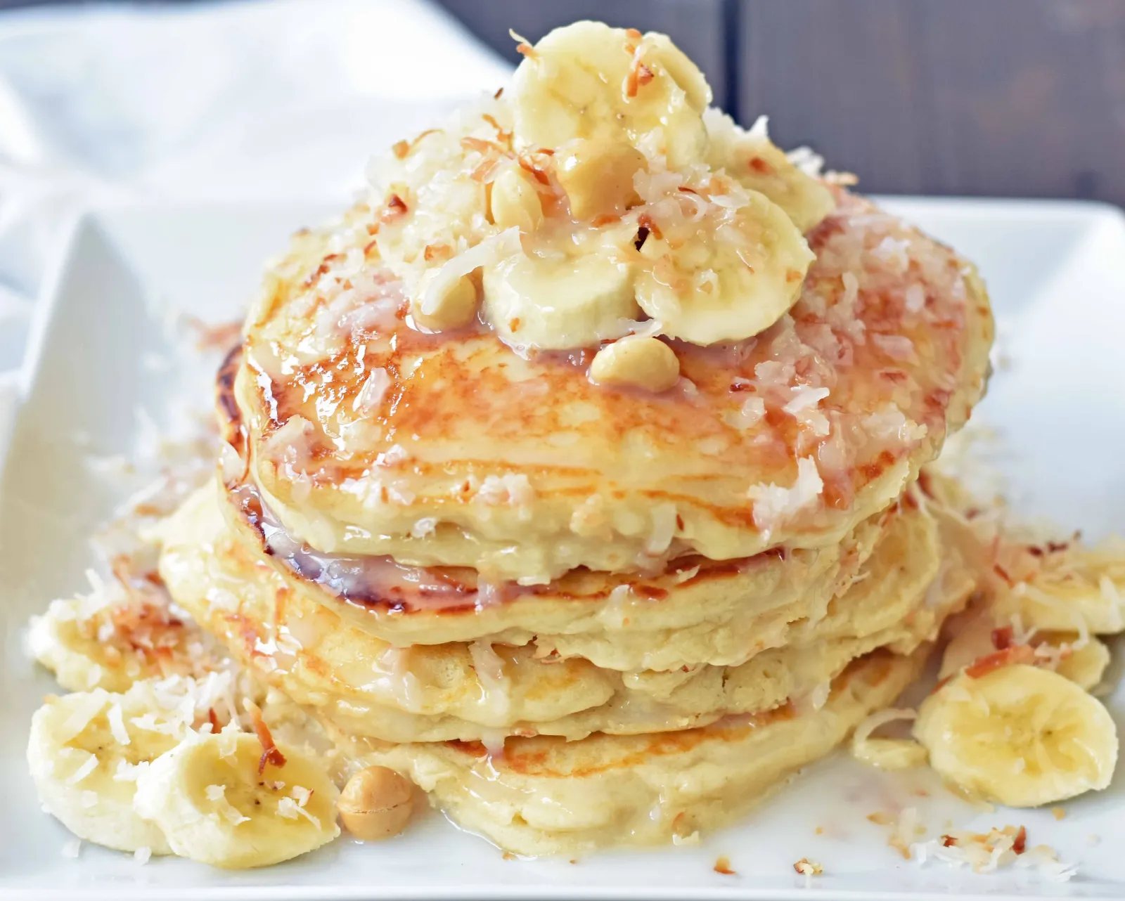 Toasted Coconut Macadamia Pancakes with Coconut Syrup