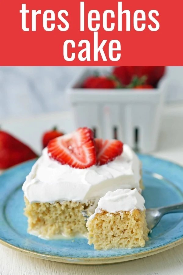 Tres Leches Cake. A classic Mexican dessert made with a vanilla sponge cake soaked with three kinds of milk -- heavy cream, evaporated milk and sweetened condensed milk and topped with whipped cream. www.modernhoney.com #treslechescake #threemilkcake #cincodemayo