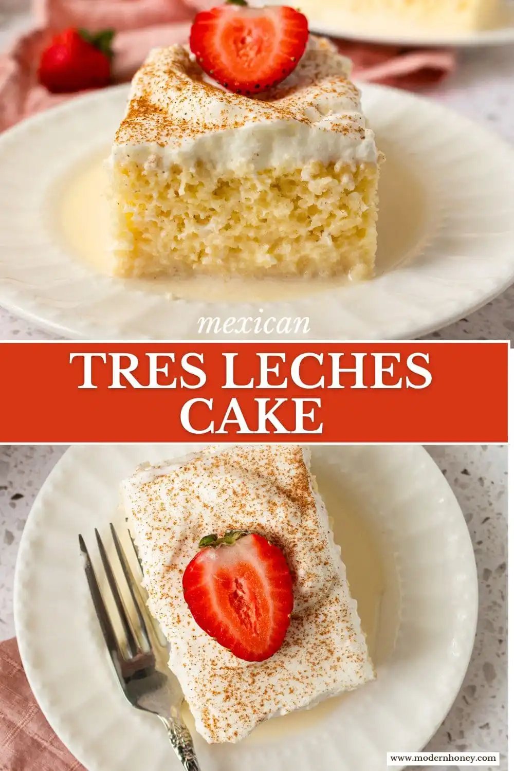 Tres Leches Cake. A classic Mexican dessert made with a vanilla sponge cake soaked with three kinds of milk -- heavy cream, evaporated milk and sweetened condensed milk and topped with fresh sweetened whipped cream. An authentic Mexican dessert recipe!
