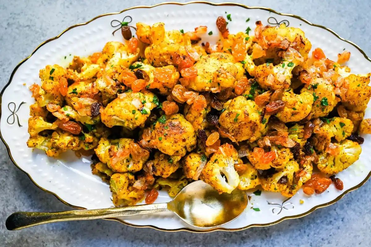 Indian Roasted Cauliflower with Golden Raisins and Pine Nuts