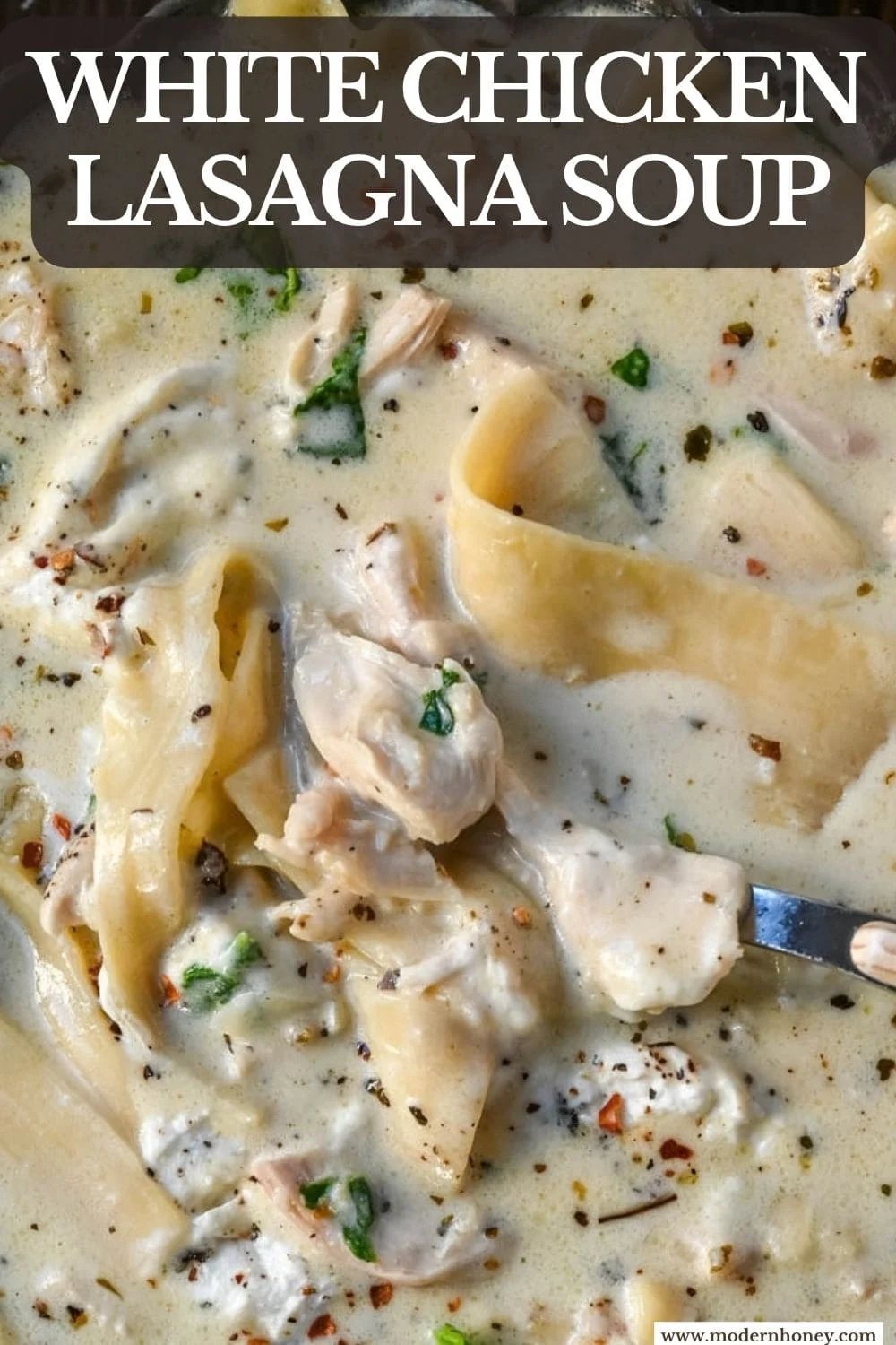 This White Chicken Lasagna Soup is everything you love about a creamy, cheesy chicken lasagna, without all the layering! Lasagna noodles, tender shredded chicken, and spinach all simmer together in one pot in a garlicky parmesan cream broth. Then you top each bowl with a dollop of herbed ricotta that melts right in. It’s cozy comfort food at its easiest, and it’s on the table in about 40 minutes.