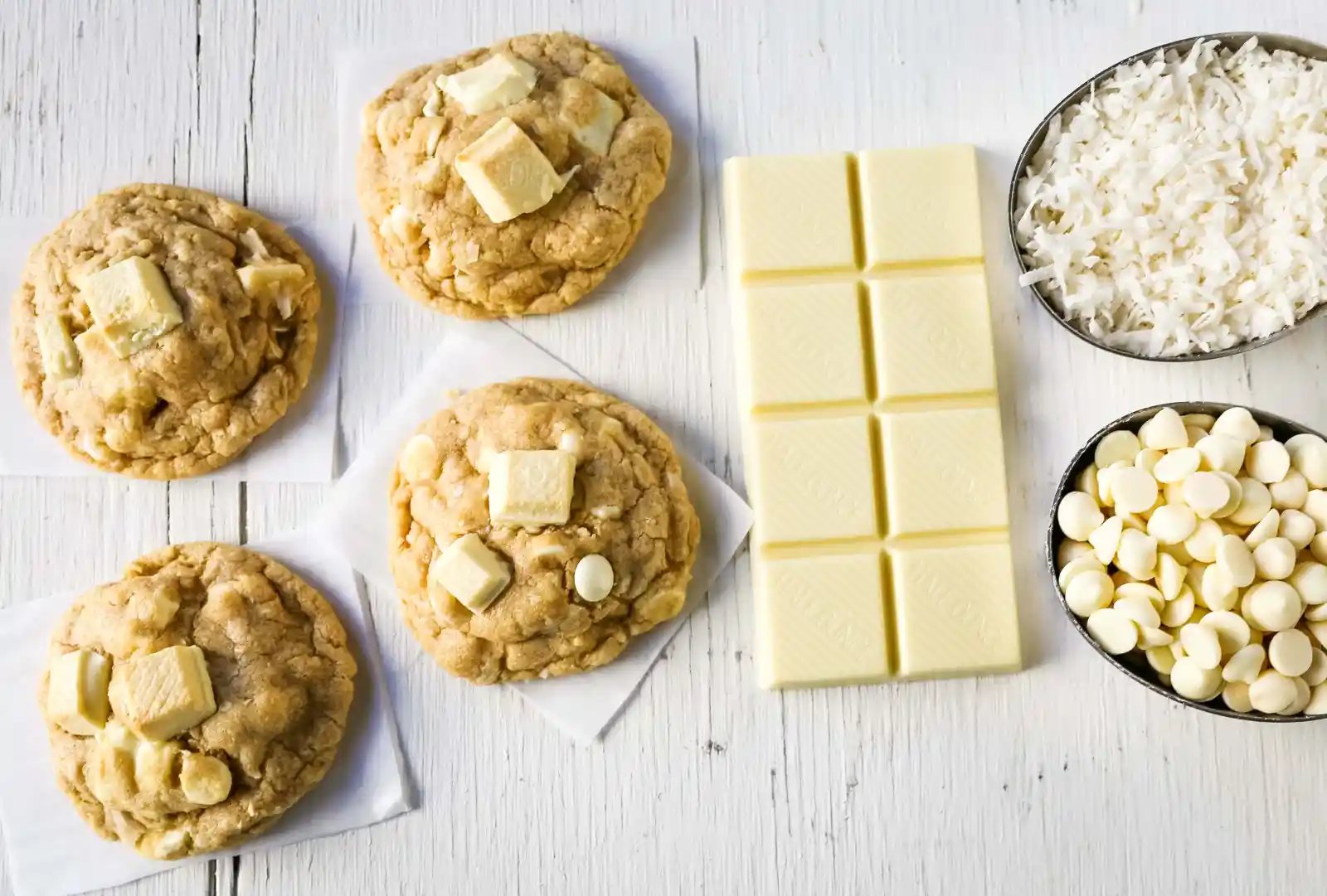 White Chocolate Coconut Cookies Soft chewy white chocolate coconut cookies are the perfect sweet, buttery tropical cookie! www.modernhoney.com #cookie #cookies #cookierecipe #cookierecipes #whitechocolatecookies