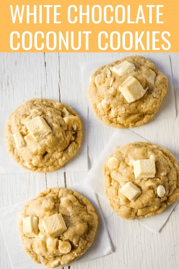 White Chocolate Coconut Cookies Soft chewy white chocolate coconut cookies are the perfect sweet, buttery tropical cookie! www.modernhoney.com #cookie #cookies #cookierecipe #cookierecipes #whitechocolatecookies