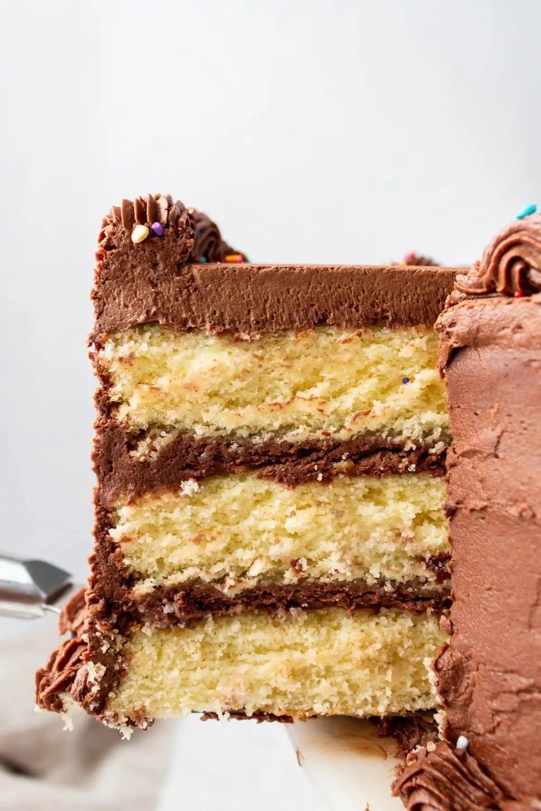 The BEST Yellow Cake Recipe with Milk Chocolate Frosting. 5-Star Rated Recipe! This golden, tender yellow cake is topped with a thick layer of creamy chocolate frosting. Thanks to a secret ingredient -- this homemade yellow cake bakes up moist, fluffy, and full of flavor every time. If you are celebrating a birthday, make sure to request this Yellow Birthday Cake with Chocolate Frosting!