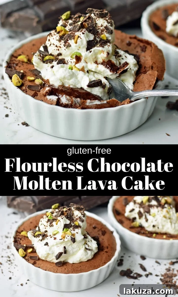 Flourless Chocolate Volcano Cake 8 Flourless Chocolate Molten Lava Cake pin for Pinterest. A visually stunning image of the gluten-free chocolate cake, inviting users to save this easy and decadent homemade molten lava cake recipe. Perfect for Valentine's Day or any sweet craving, ideal for those seeking the best chocolate molten lava cake at home.