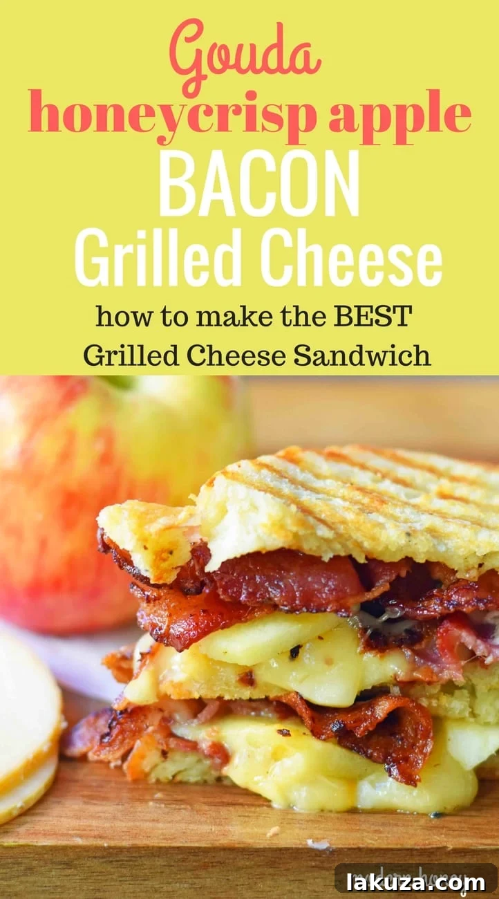 Honeycrisp Apple & Smoky Bacon Gouda Melt 6 A beautifully composed image of a gourmet grilled cheese with smoked gouda, apple, and bacon, ready to be pinned on Pinterest.