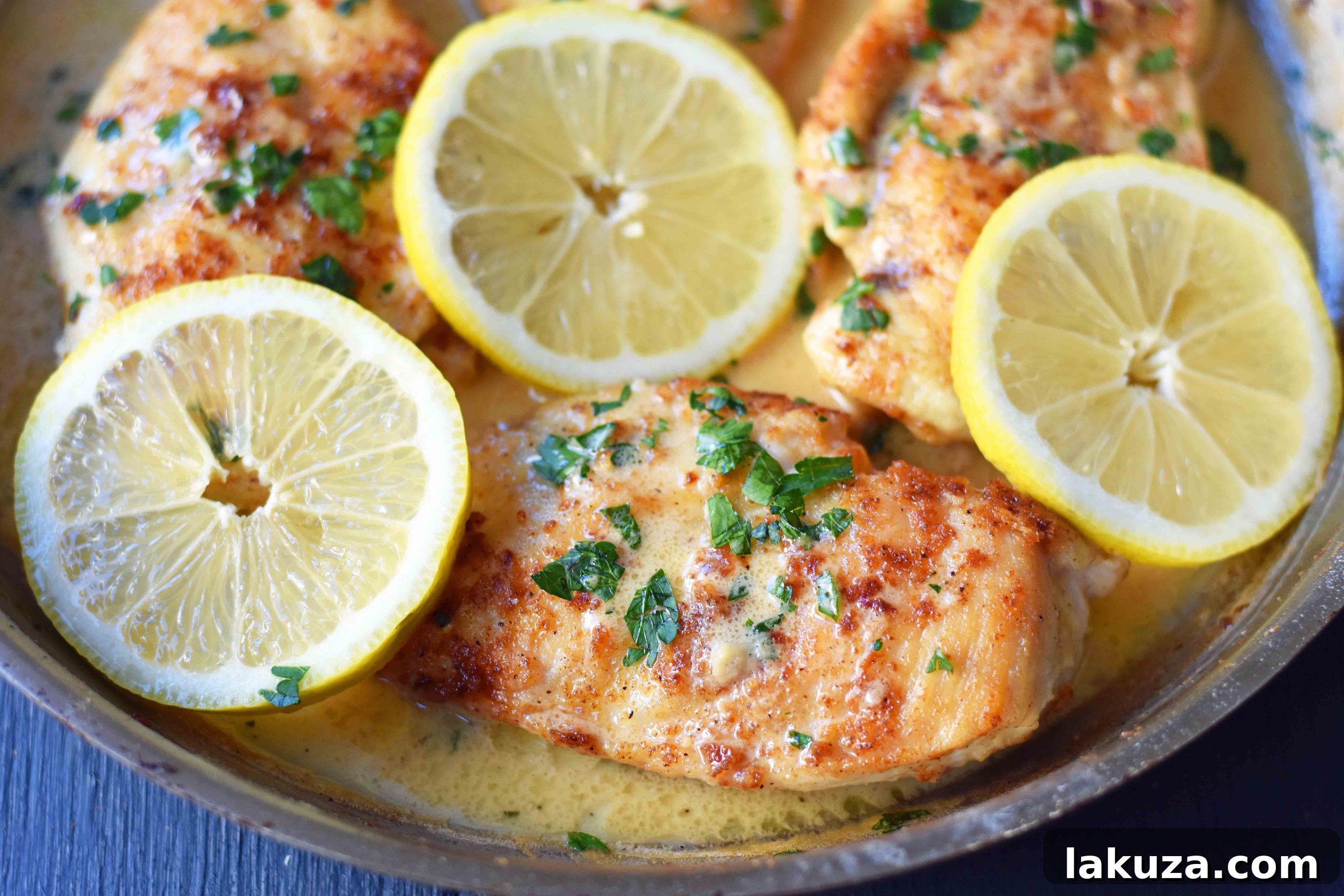 Zesty Skillet Chicken with Lemon Butter 3 Skillet Lemon Butter Chicken served with a generous amount of the creamy, golden sauce over tender chicken, sprinkled with fresh green herbs.