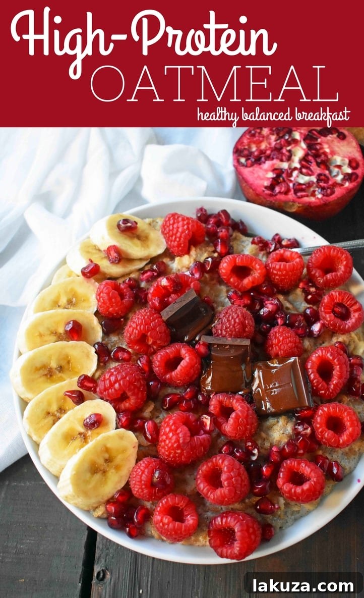 High-Protein Oatmeal. How to make a protein-packed oatmeal by adding whey protein powder to oatmeal. Top oatmeal with fresh fruits to make a balanced breakfast. The best protein oatmeal recipe. www.modernhoney.com