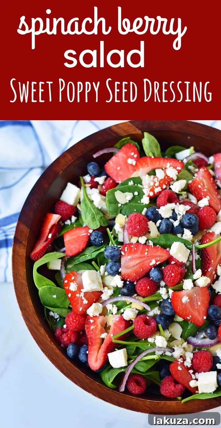 Sweet Poppy Seed Dressed Spinach Berry Salad 7 Spinach Berry Salad with Sweet Poppyseed Dressing. Fresh Spinach Salad with Berries, Feta Cheese, and Poppy Seed Dressing. Delicious and easy recipe for a healthy summer salad.
