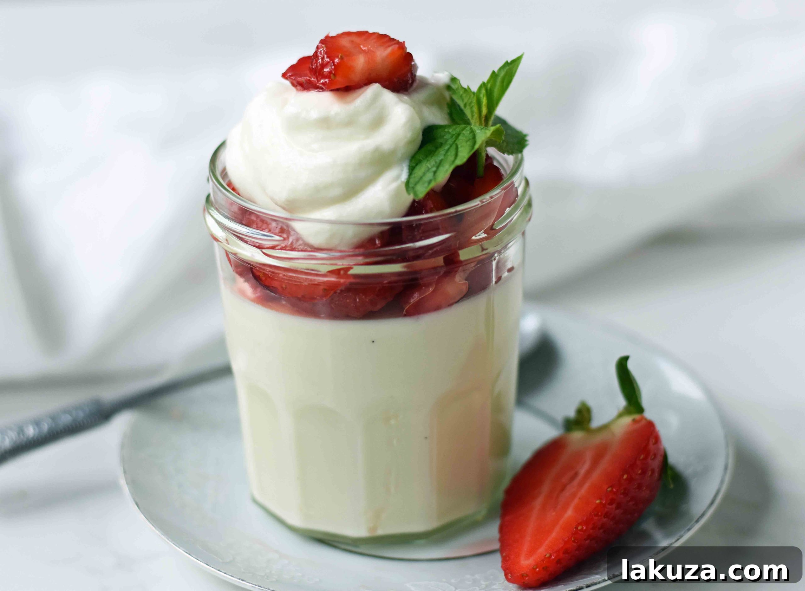 Tangy Greek Yogurt Panna Cotta 5 Delicious Greek Yogurt Panna Cotta, garnished with fresh mint and berries, highlighting its smooth, creamy texture. An easy, light, and healthy dessert option made with Greek yogurt, cream, honey, and vanilla.