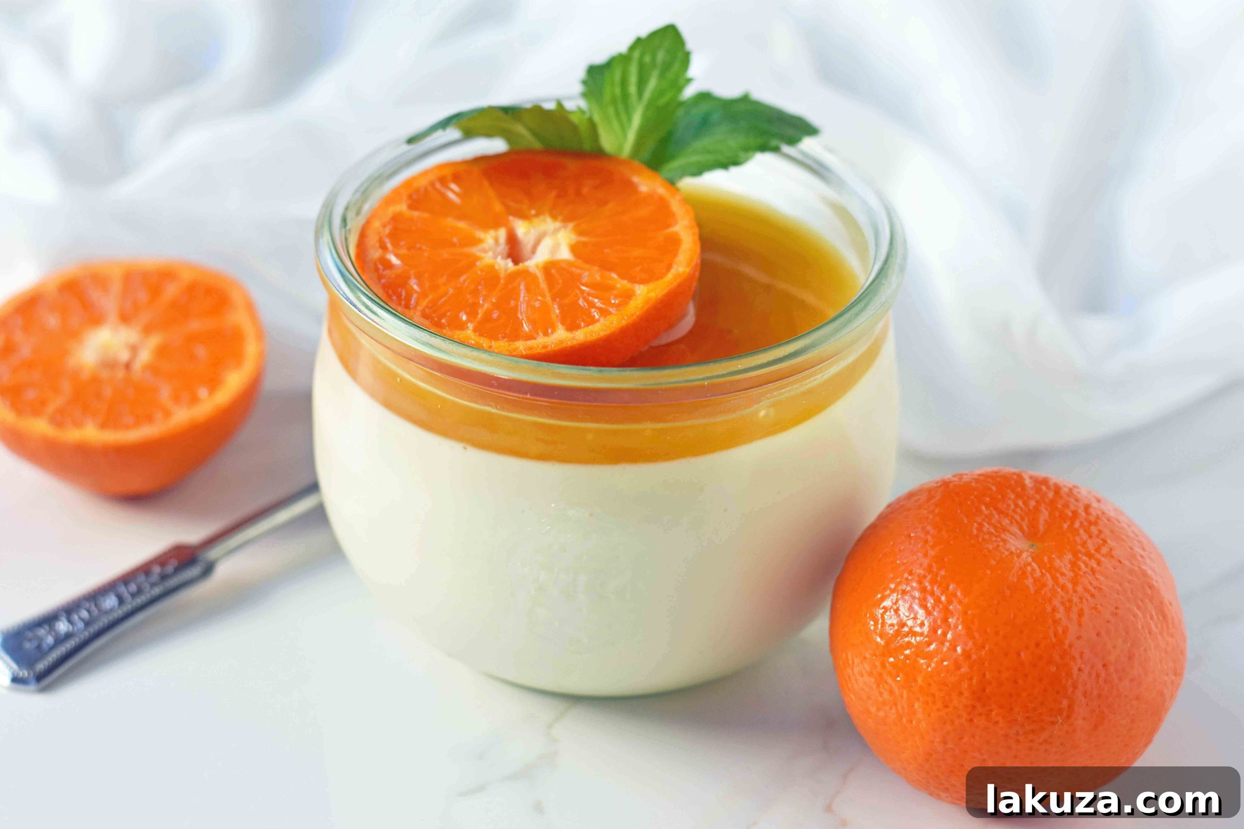 Tangy Greek Yogurt Panna Cotta 7 Close-up of Greek Yogurt Panna Cotta, showcasing its invitingly smooth and luscious texture, waiting to be adorned with delicious toppings. A truly irresistible and easy Panna Cotta recipe.