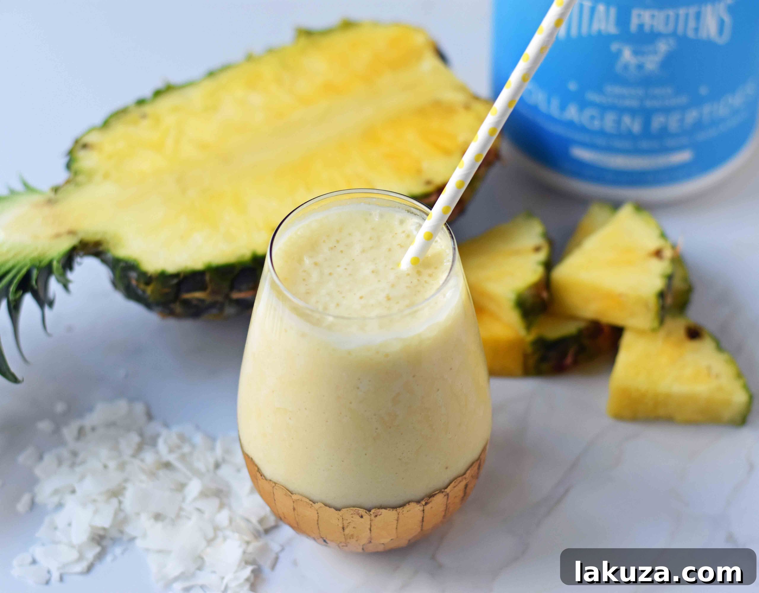 Healthy Pina Colada Smoothie. Fresh pineapple, coconut milk, banana, a touch of honey, and optional coconut yogurt. A creamy sweet healthy coconut pineapple smoothie. www.modernhoney.com