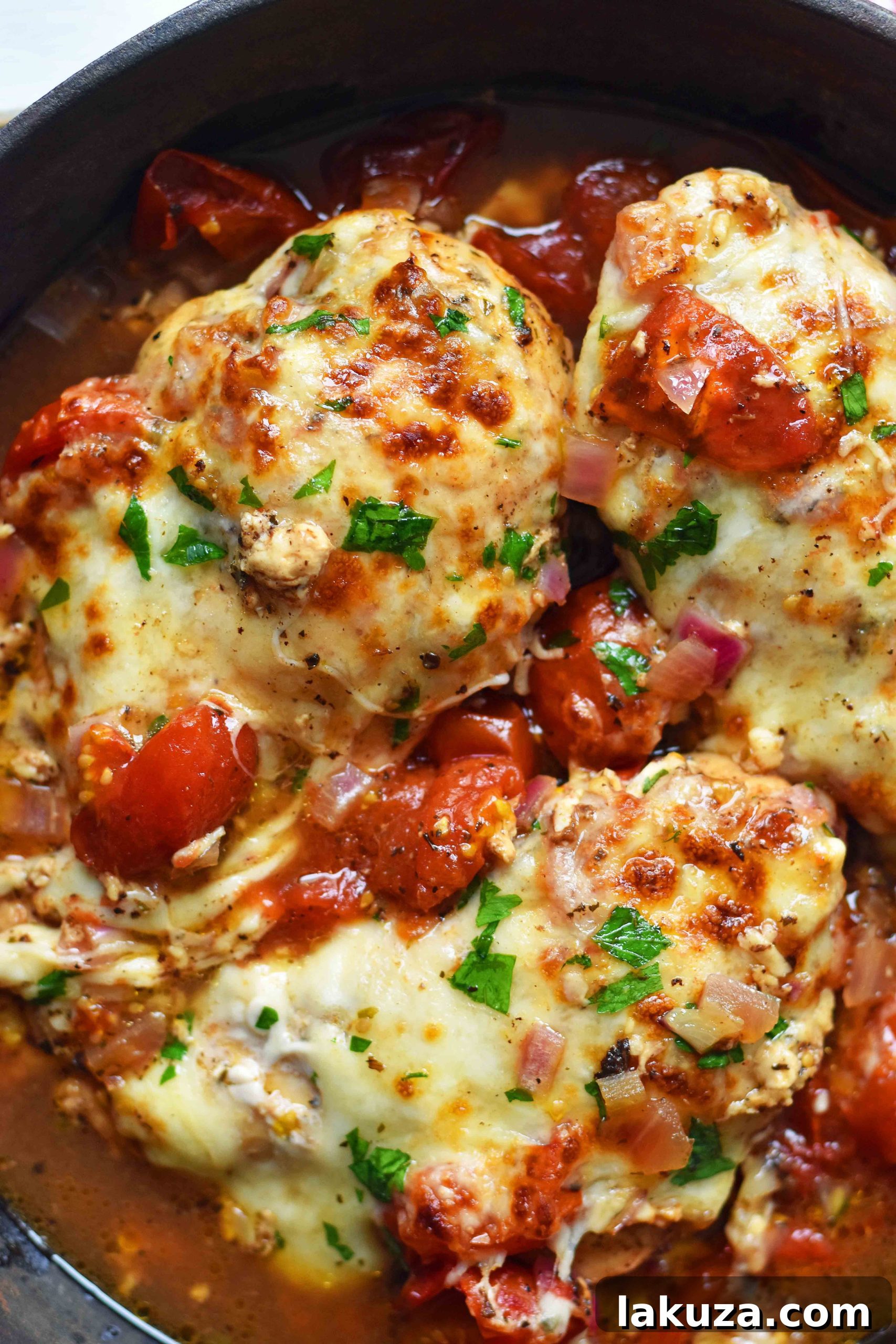 Family-Friendly Baked Caprese Chicken. Tender oven-roasted chicken breast, perfectly seasoned with Italian herbs, combined with sweet balsamic-glazed tomatoes and luscious melted mozzarella cheese. A fast and easy 30-minute dinner that everyone in your family will cherish. Best served with the rich pan juices.