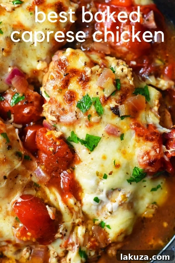 Pin for Later: Baked Chicken Caprese. Oven-roasted chicken breast with Italian spices, sweet balsamic tomatoes, and melted mozzarella cheese. An easy 30-minute meal that your whole family will love. Quick dinner idea, healthy chicken recipe.