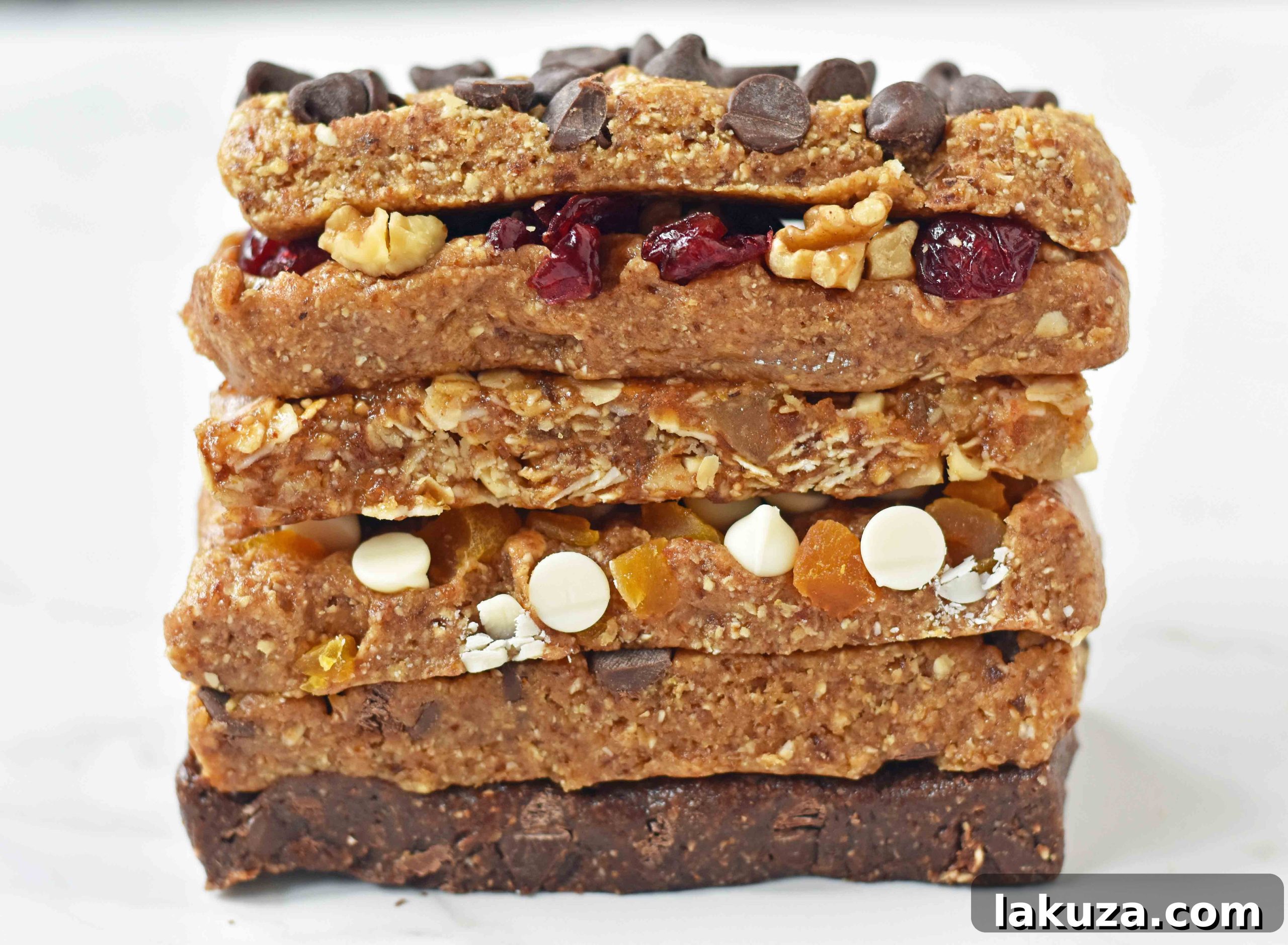 Close-up of Homemade Granola Energy Bars with various toppings.
