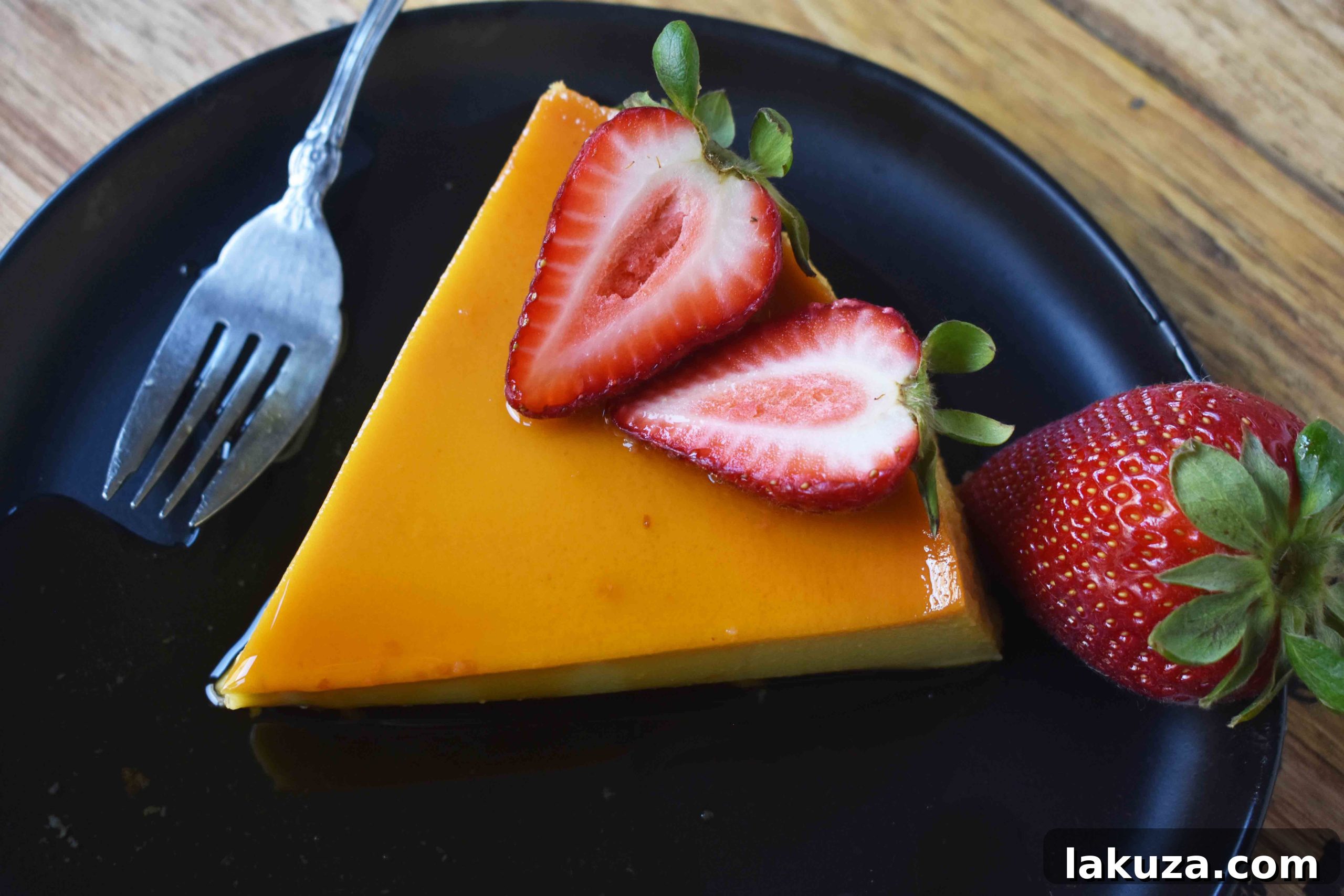 Silky Smooth Caramel Flan 8 Whole Caramel Flan on a serving plate. The best flan recipe. How to make the perfect flan. www.modernhoney.com