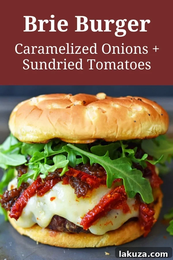 Decadent Brie Burger with Caramelized Onions and Sun-Dried Tomatoes 7 Brie Burger with Caramelized Onions and Sundried Tomatoes The Ultimate Burger with melted Brie Cheese, Sundried Tomatoes, Queen Creek Olive Mill Caramelized Red Onion Fig Tapenade, and Arugula. How to make the perfect burger. www.modernhoney.com