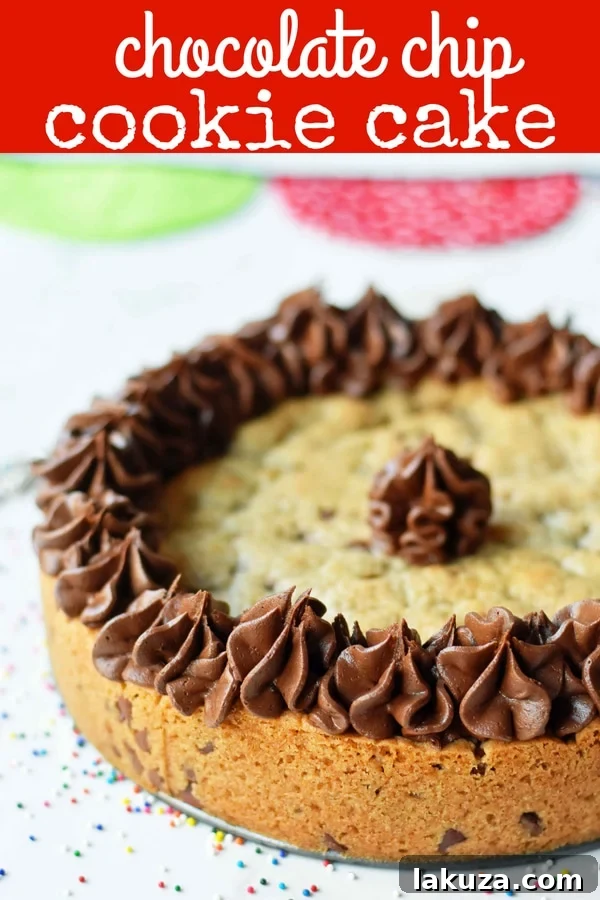 Pinterest pin for homemade chocolate chip cookie cake recipe with frosting