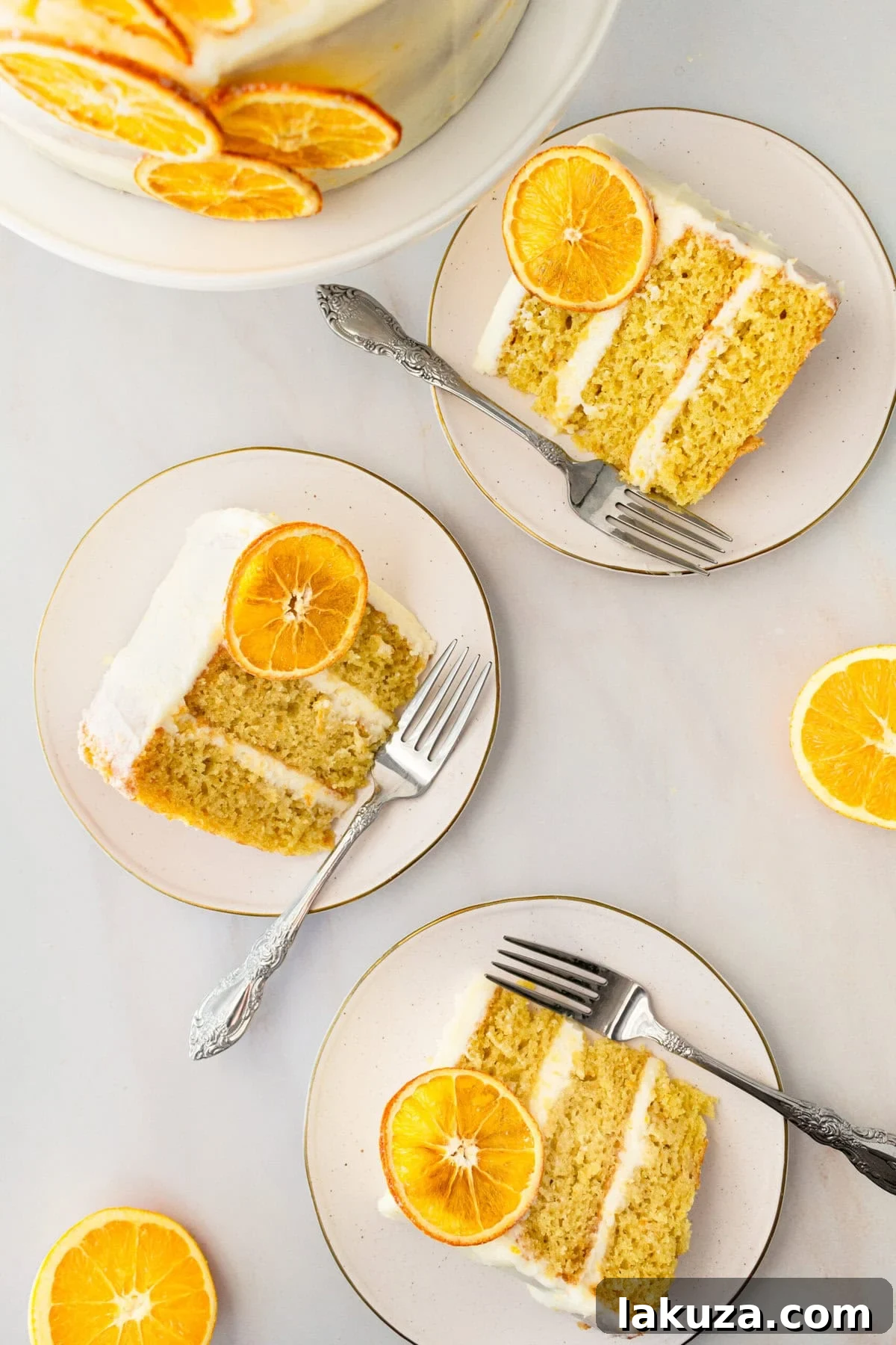 Zesty Orange Dream Cake 11 A close-up of a beautifully decorated homemade orange cake with orange cream cheese frosting and artistic dried orange slices. This moist and tender fresh orange cake is celebrated for its bright citrus flavor and fluffy layers, perfected with the included expert baking tips.