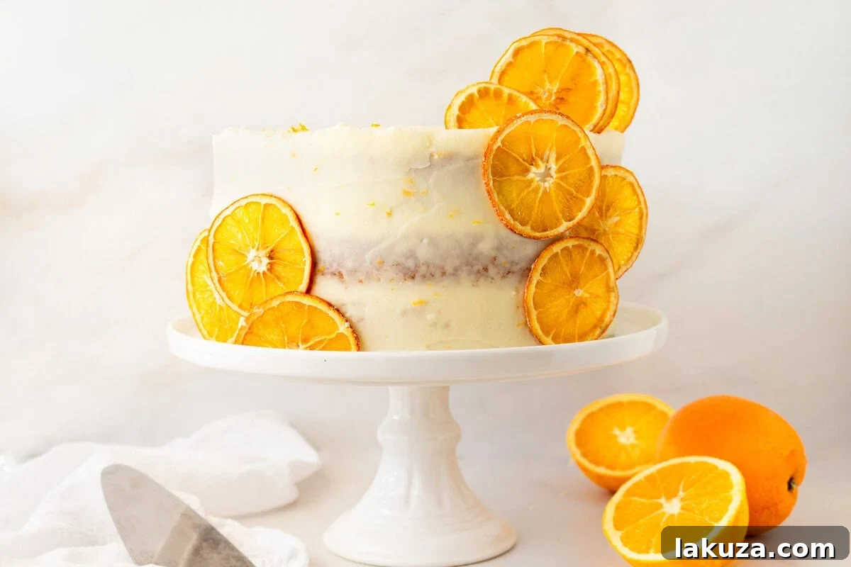 Zesty Orange Dream Cake 10 A stunning, moist and tender fresh orange naked cake adorned with sweet orange cream cheese frosting and decorative dried orange slices. This homemade orange cake boasts bright citrus flavor in every bite, its fluffy layers beautifully visible. Tips for both frosted and naked orange cakes are included.
