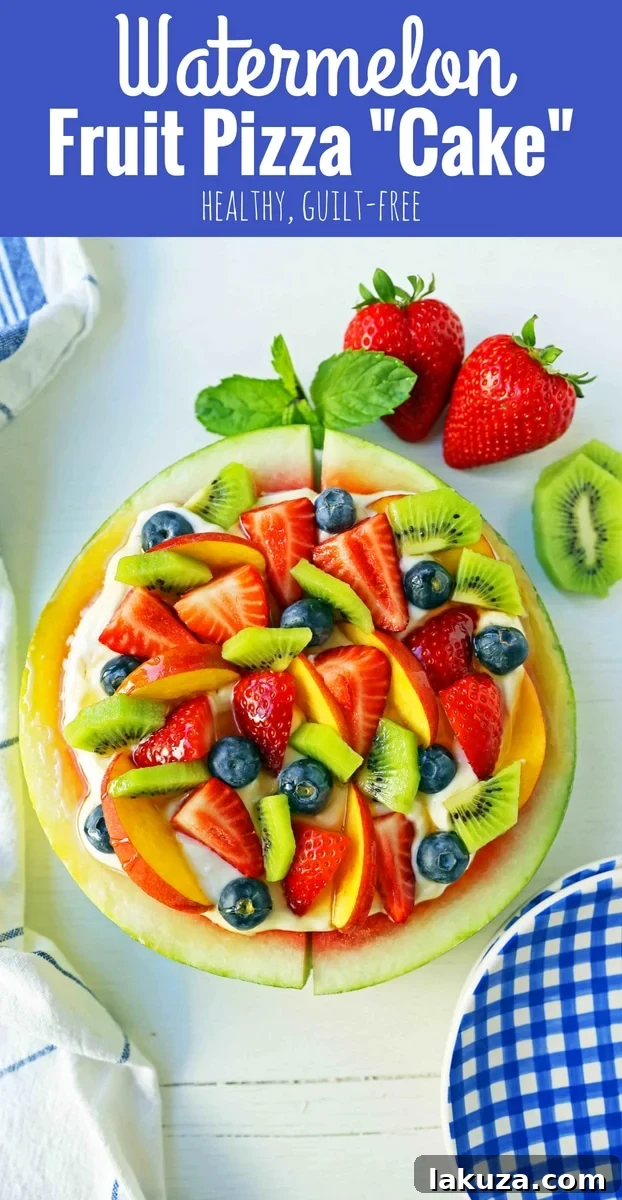 Watermelon Fruit Pizza Cake. A healthy, no-guilt summer dessert recipe. Fresh fruit dessert. The ultimate watermelon and fresh fruit dessert. www.modernhoney.com #fruit #fruitdessert #freshfruit #summer #summerdessert