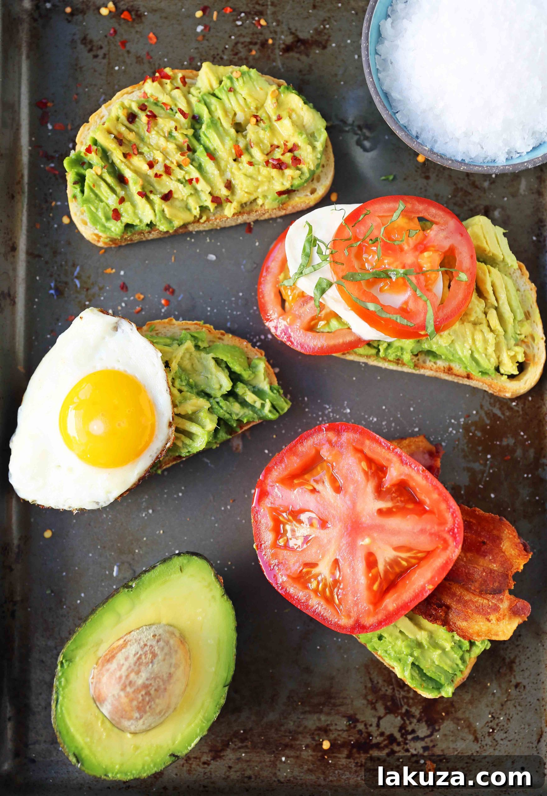 4 Creative Avocado Toast Ideas 3 Three types of avocado toast displayed side-by-side: Caprese, BAT, and Fried Egg, showcasing fresh ingredients and vibrant colors.