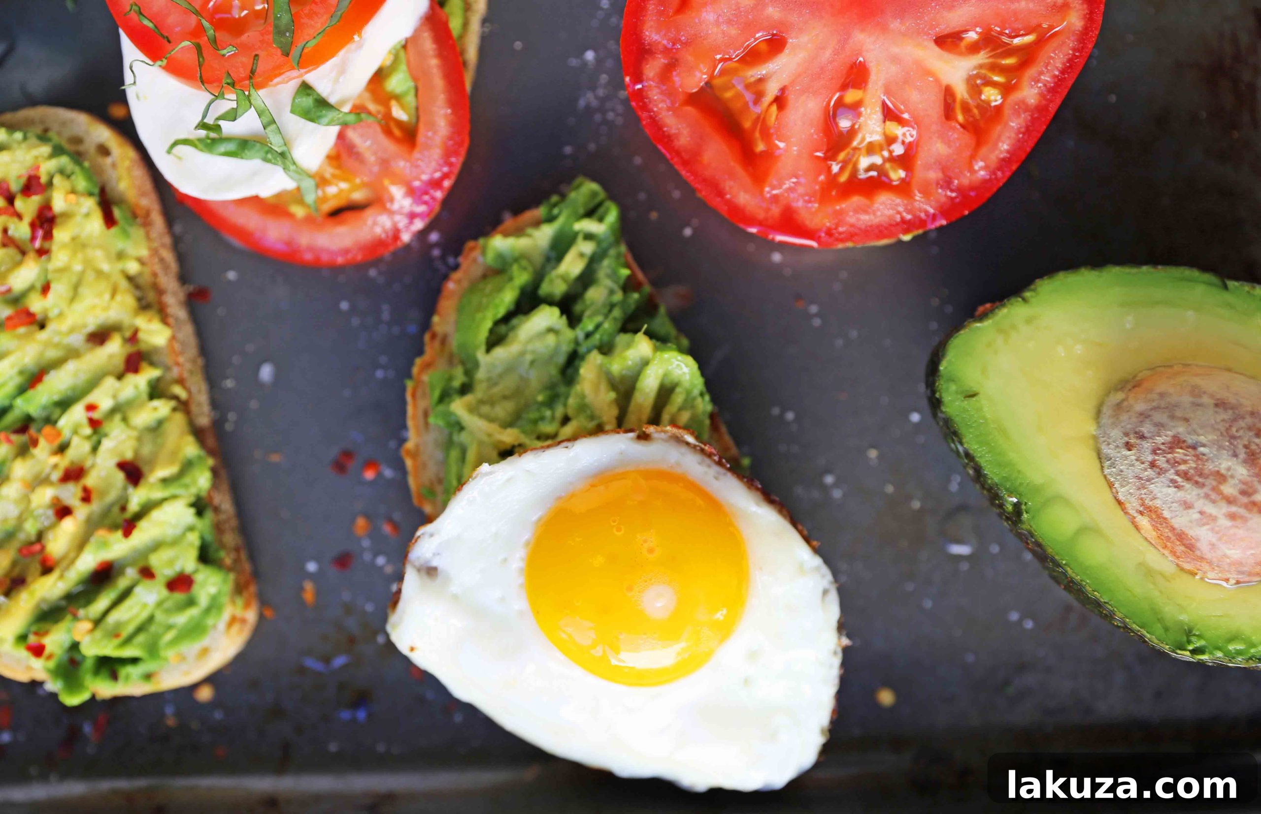 4 Creative Avocado Toast Ideas 4 A close-up of Smashed Avocado Toast with Sea Salt and Chili Flakes, garnished with microgreens.