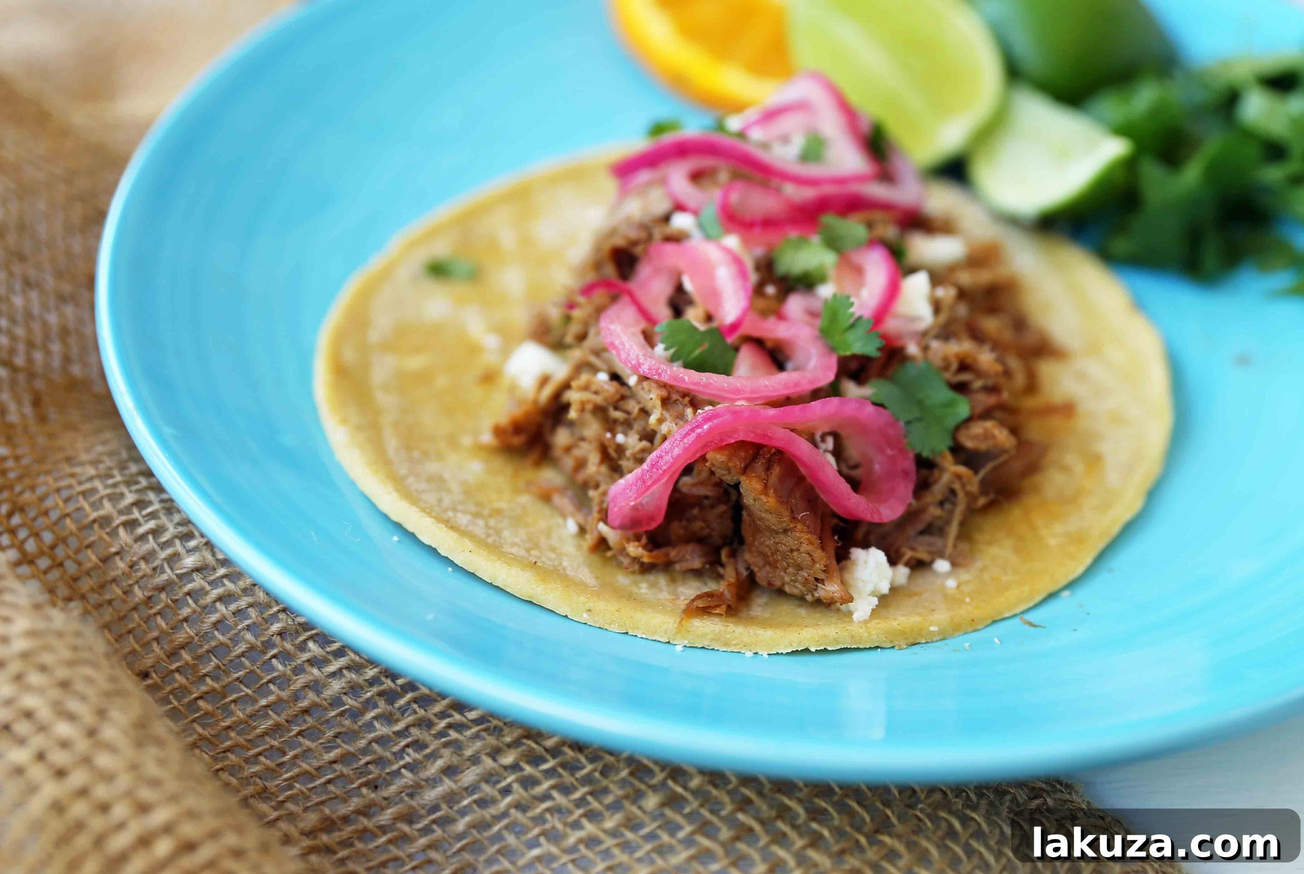 A large pot of slow-cooked Mexican Pork Carnitas, glistening and tender, ready for shredding, showcasing the rich, dark exterior from its long braise.