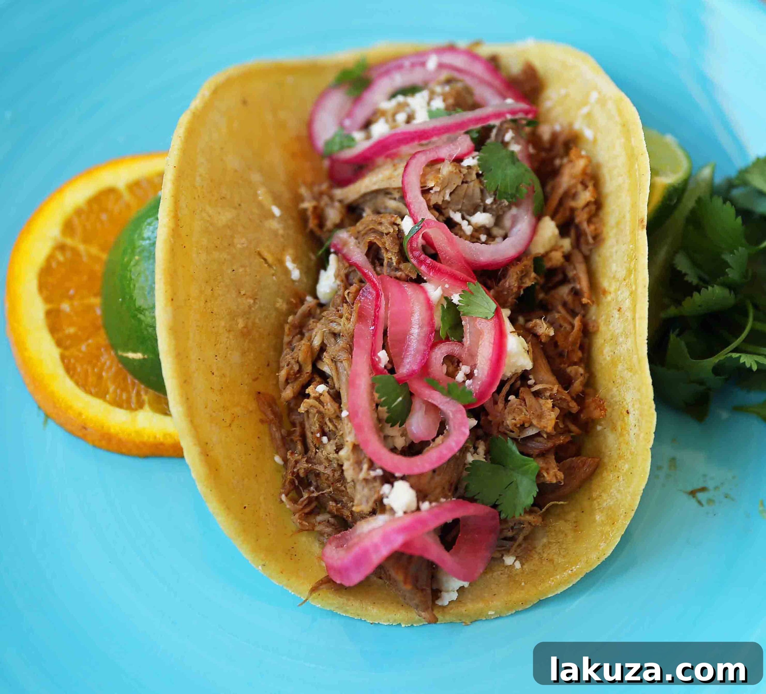 An irresistible platter of finished Mexican Pork Carnitas Tacos, garnished generously with fresh cilantro, vibrant pickled red onions, and creamy avocado slices, highlighting the rich flavors and inviting presentation.
