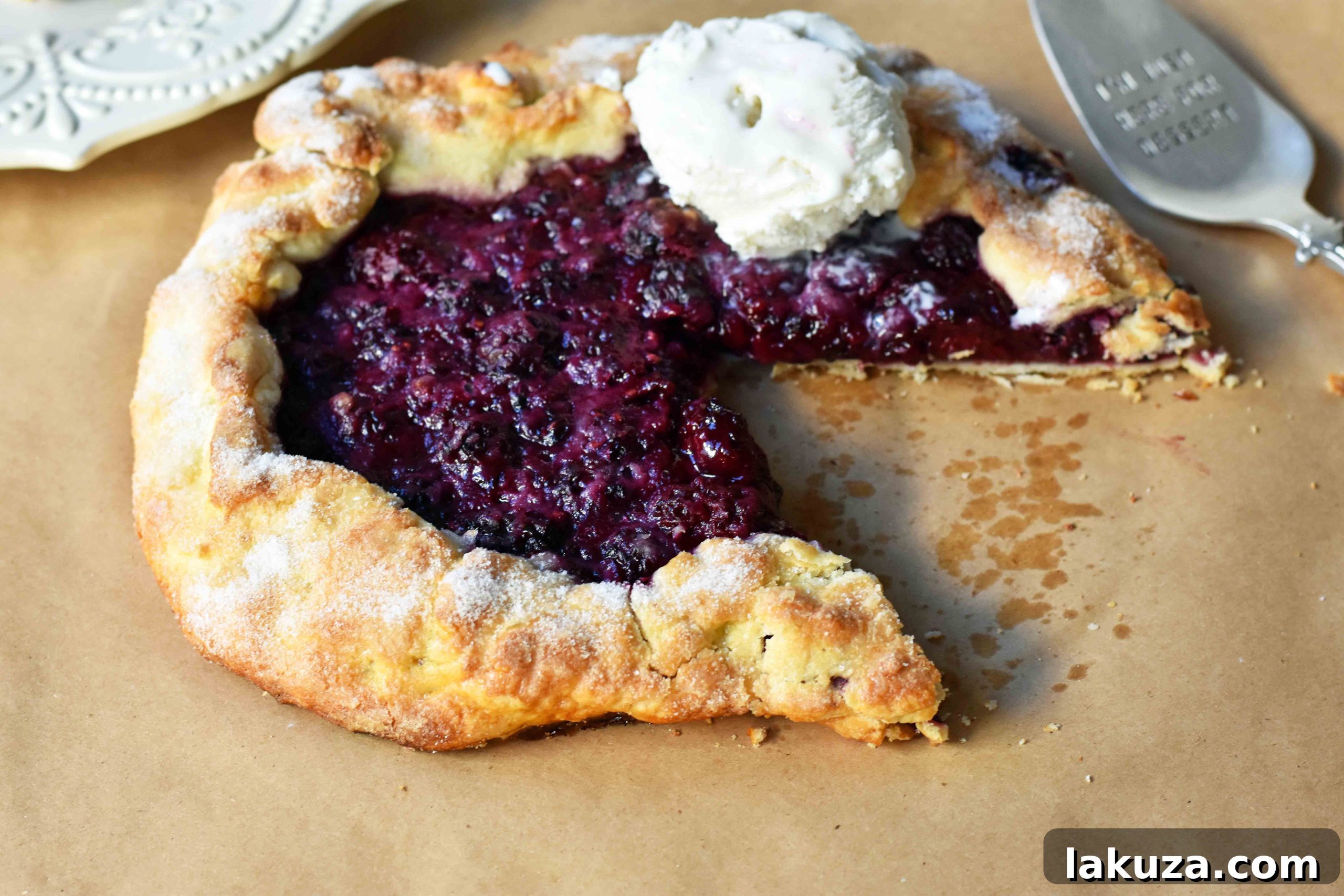 A close-up of a perfectly baked Blackberry Galette Crostata, showcasing its golden, rustic crust and vibrant berry filling.