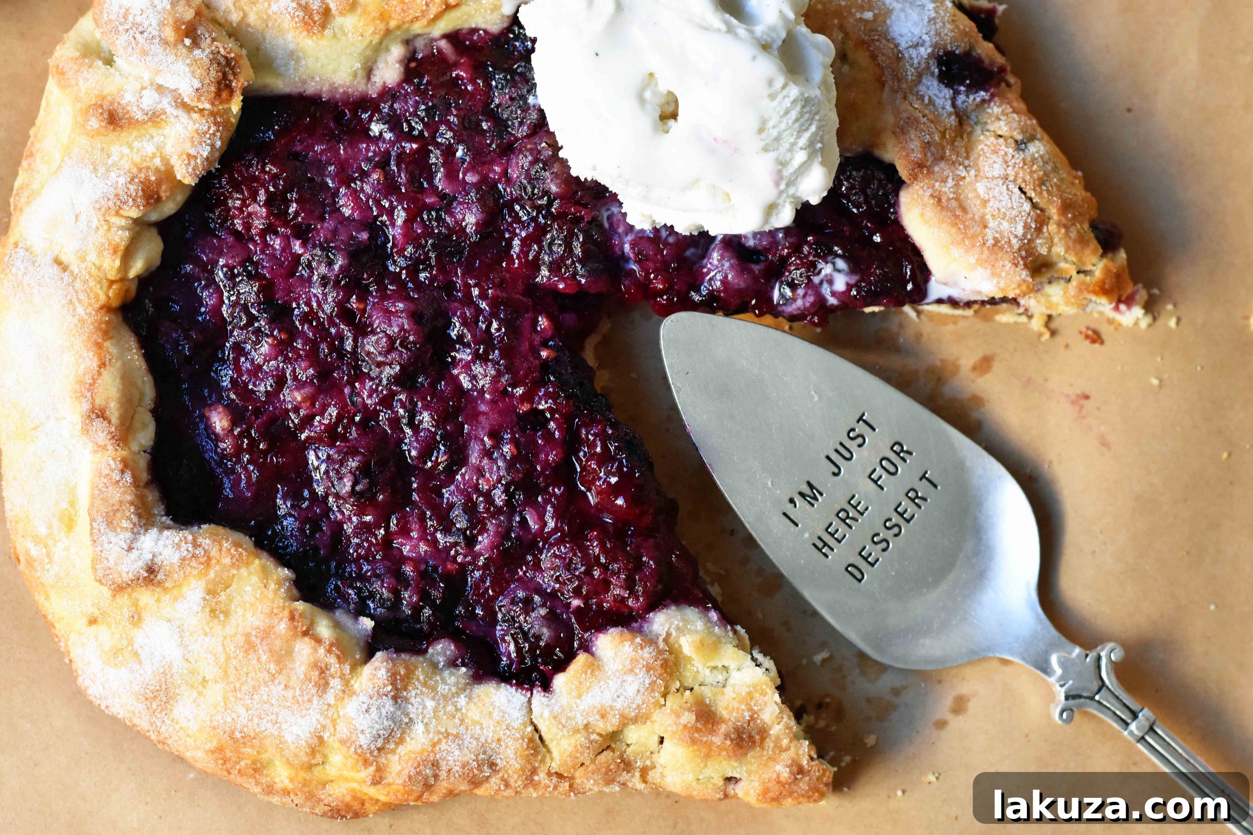 Another shot of the Blackberry Galette Crostata, highlighting the beautiful pleats of the crust and the glistening blackberry filling.