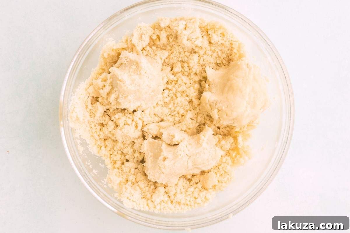 Close-up of crumbly shortbread dough in a mixing bowl, illustrating the correct texture before adding milk.