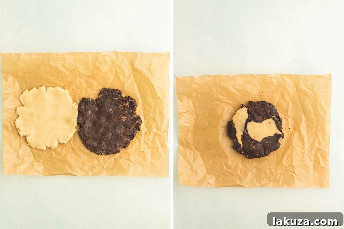 Combined and lightly kneaded dough showing distinct swirls of vanilla and chocolate, ready for chilling.