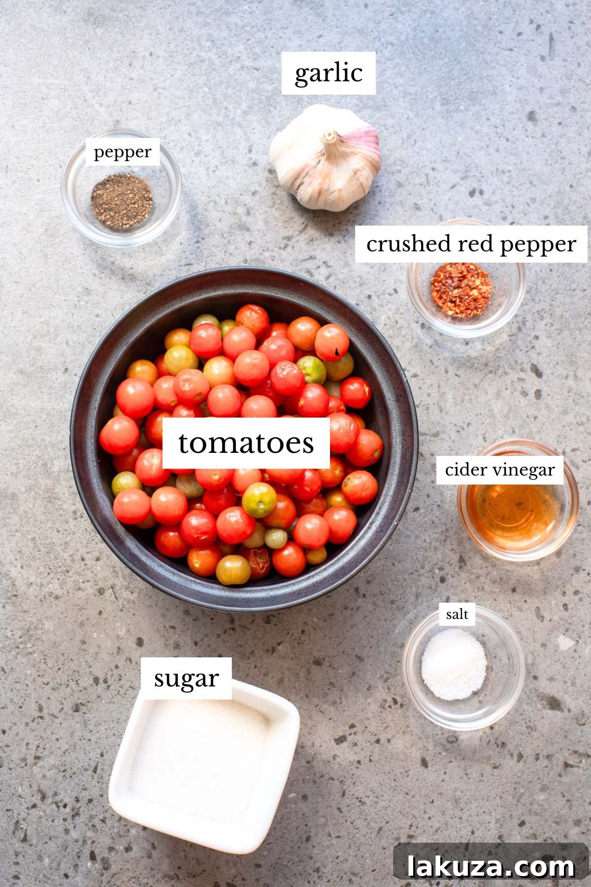 Sweet & Savory Tomato Jam 3 Ingredients for tomato jam arranged on counter.