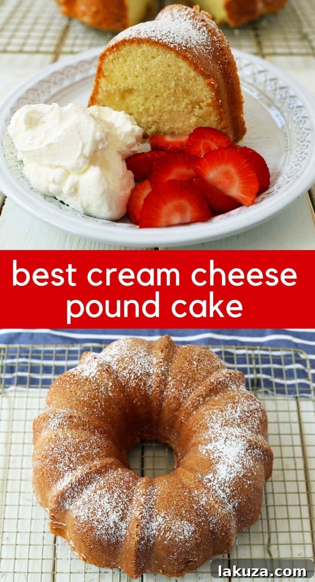 A beautifully presented cream cheese pound cake with fresh strawberries and a dusting of powdered sugar, perfect for any celebration or simple indulgence.