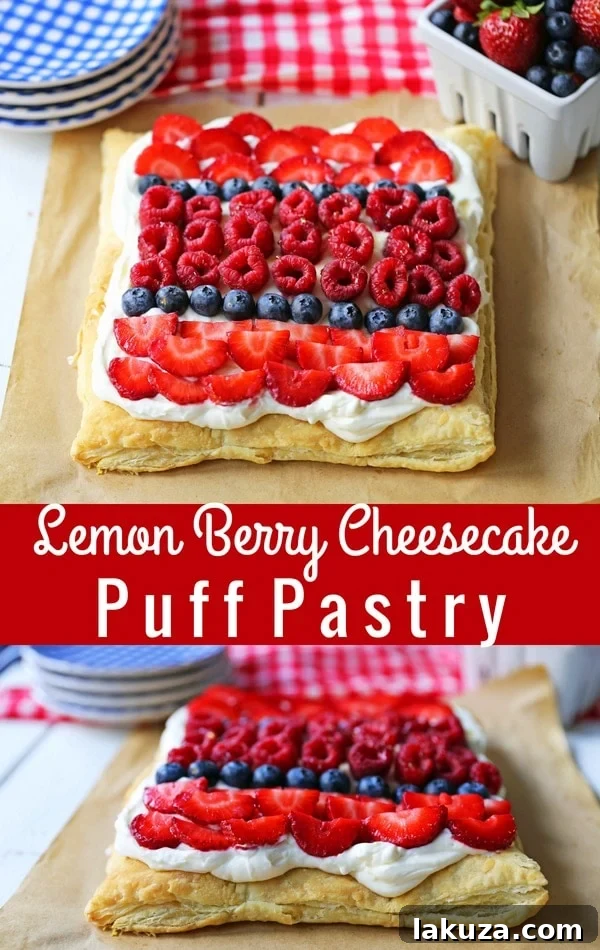 An inviting overhead view of the Lemon Berry Cheesecake Puff Pastry, featuring a vibrant array of berries and a creamy filling, cut into perfect squares for serving.