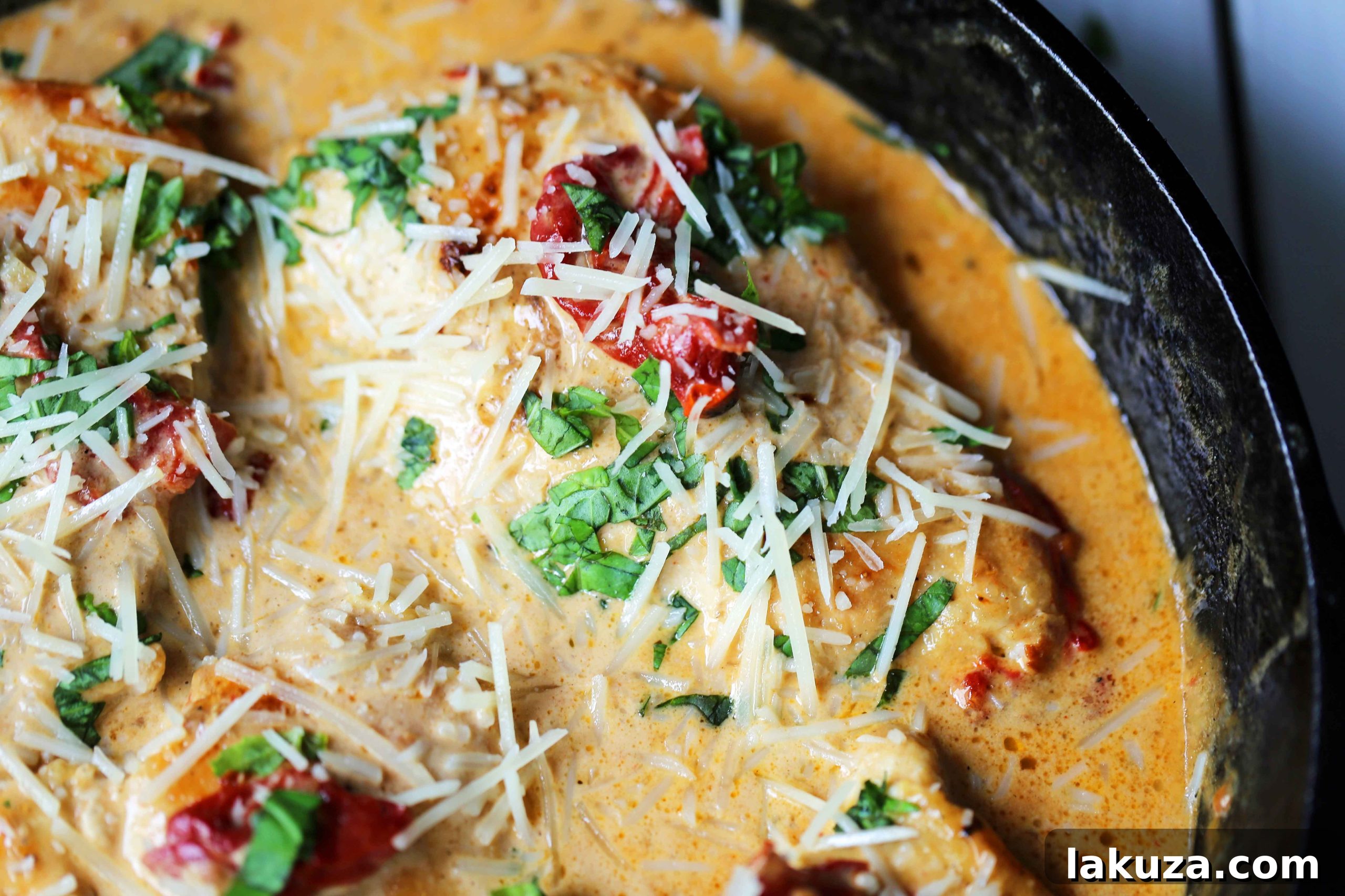 Prepared Skillet Chicken with Sun-Dried Tomato Cream Sauce garnished with fresh basil