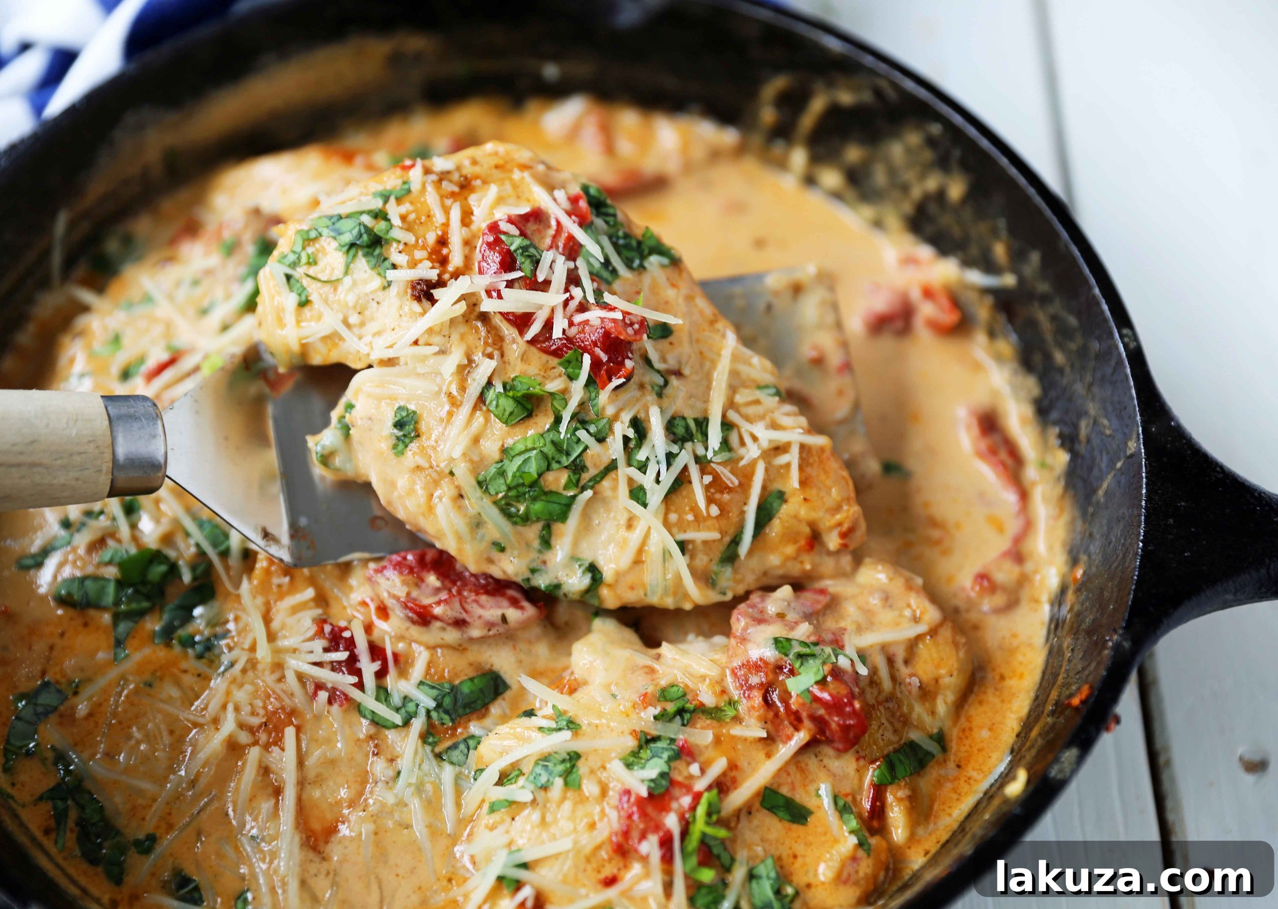 Another view of Skillet Chicken with Sun-Dried Tomato Cream Sauce, emphasizing its rich texture