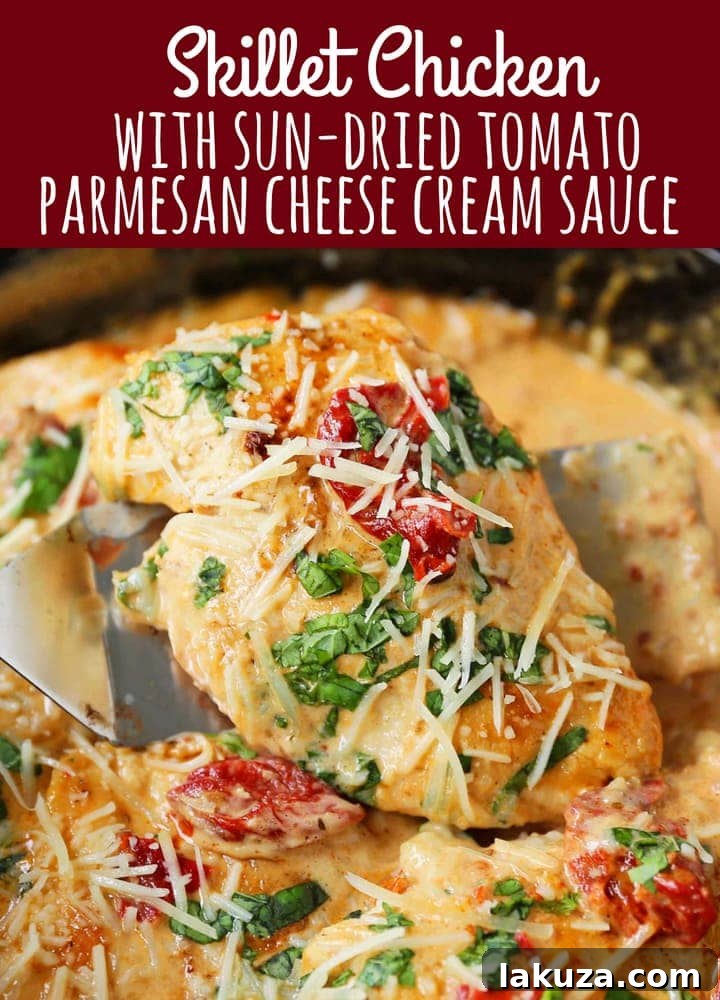 Close-up of Skillet Chicken with Sun-Dried Tomato Cream Sauce served with pasta and basil