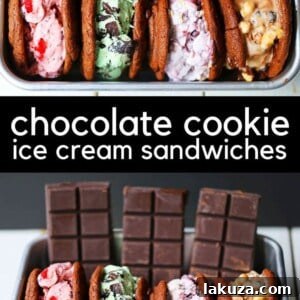 Chocolate Cookie Ice Cream Sandwiches. Soft, chewy double chocolate cookies generously stuffed with your favorite creamy ice cream. Learn how to craft the ultimate homemade chocolate ice cream sandwich for summer fun. Modern Honey recipe.
