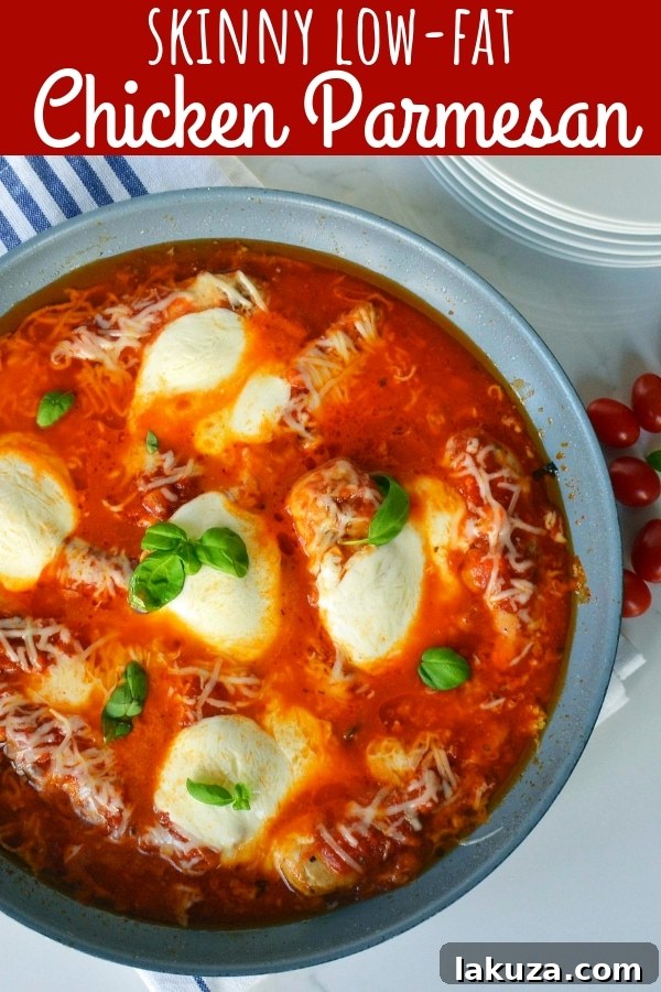 Deliciously Light Chicken Parmesan 7 Skinny Chicken Parmesan. Low-Fat No-Breading Chicken with Robust Marinara Sauce and Mozzarella Cheese. www.modernhoney.com #skinnychickenparmesan #lowfatchickenparmesan