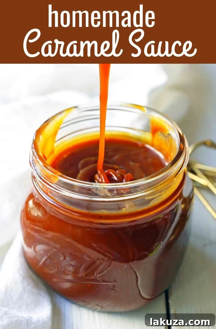 Pinterest graphic for homemade salted caramel sauce recipe, featuring a delectable image and text.