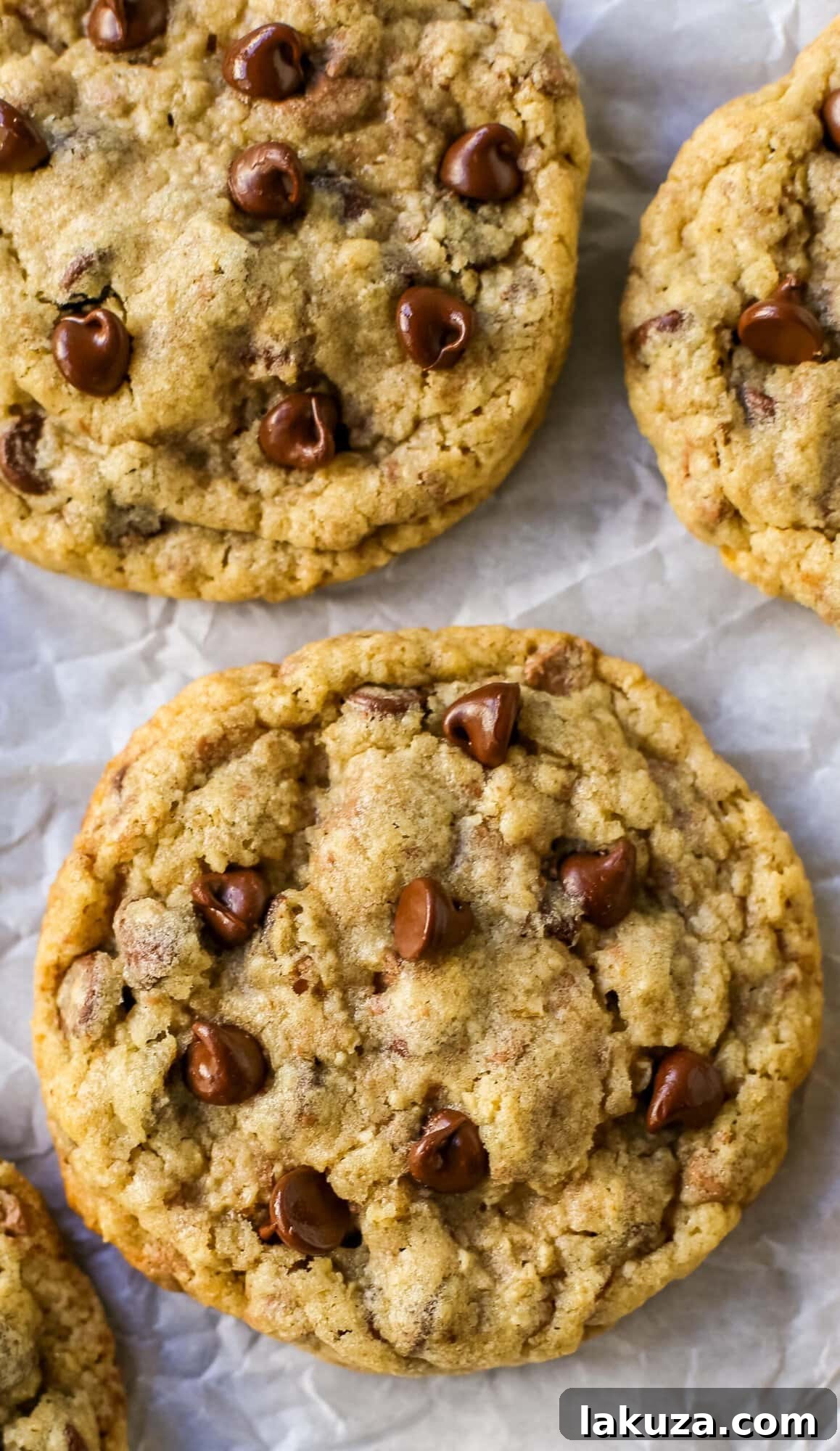Freshly baked chocolate chip oatmeal cookies cooling on a wire rack, steam gently rising.